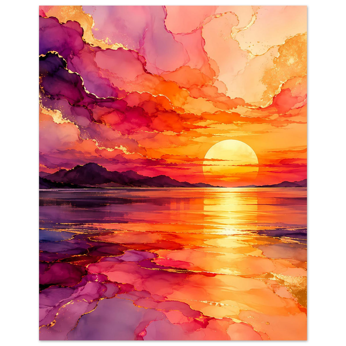 Poster mit Sonne im Kreis, Farbverlauf in Violett, Orange und Gold und Uferlandschaft