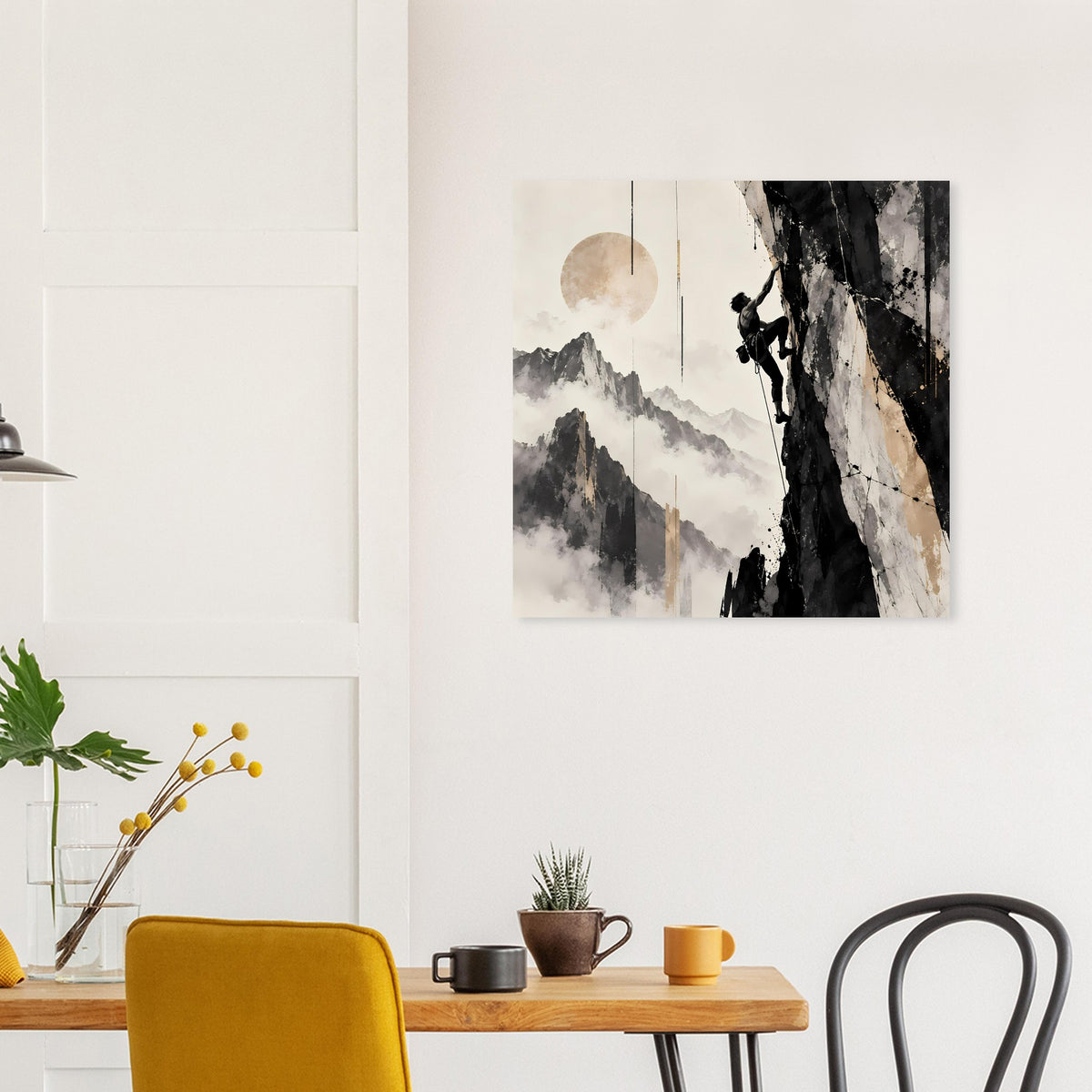 Kunstposter mit Bergzügen, Mondscheibe und Kletterer-Schatten, zartes Aquarell