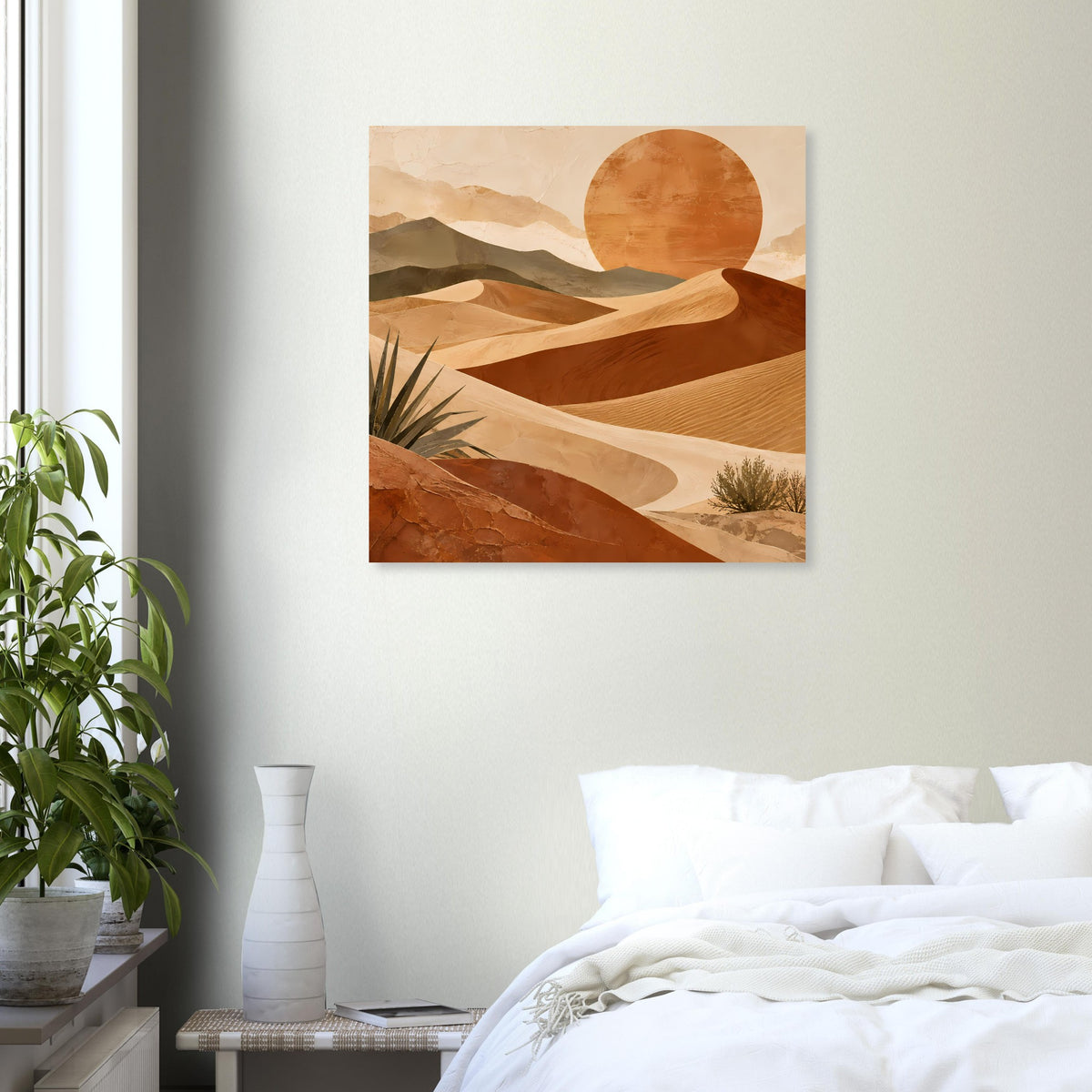 Wüstenkunst-Poster mit großem orangefarbenem Sonnenkreis über Sandhügeln