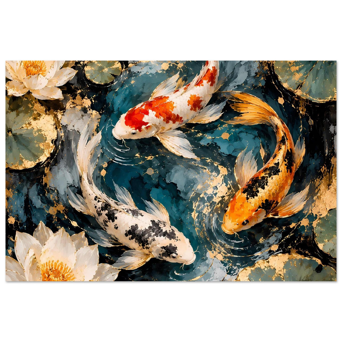 Koi-Pond-Kunstposter im Querformat mit goldenen und roten Koi sowie weißen Seerosen