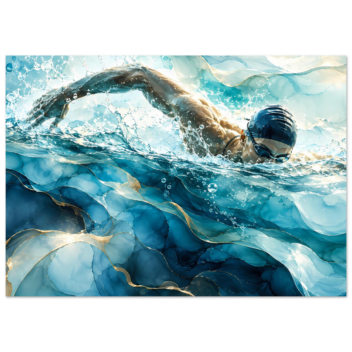 Poster im Querformat mit tauchendem Schwimmer, blauer Unterwasserwelt und Schaumbildern