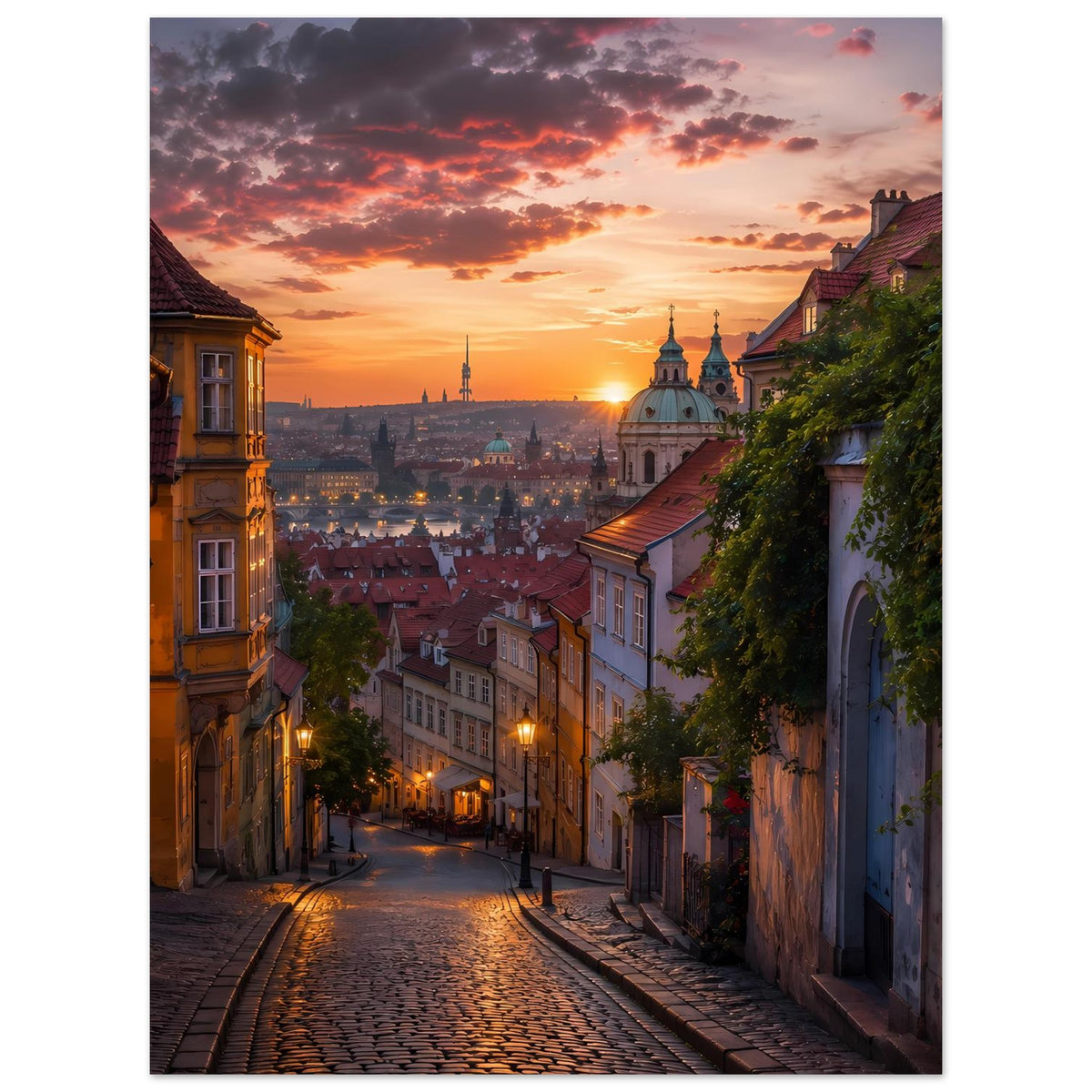 Stadtposter im Hochformat mit Gassenblick bei Sonnenuntergang, warmen Laternen und Dächern