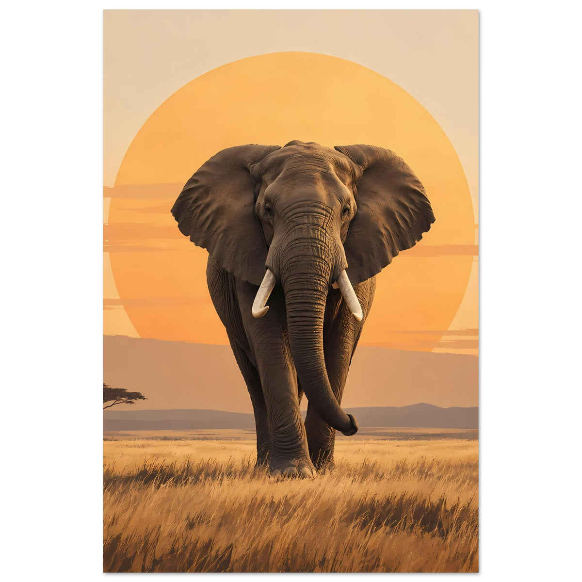 Poster mit Elefant im Sonnenuntergang, brauner Elefant vor rundem Orange-Lichtkreis