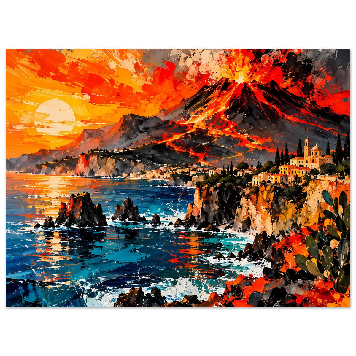 Deko-Poster, horizontales Landschaftsmotiv: Vulkan mit Lava, Küstenstadt, türkisblaues Meer