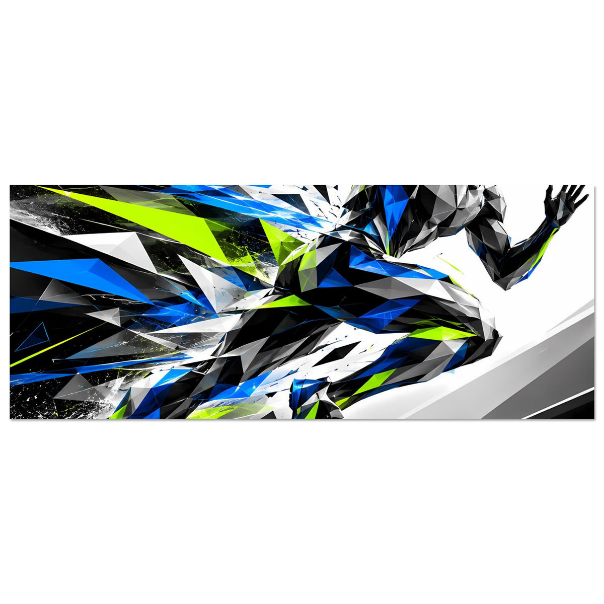 Laufkunst-Poster (horizontal): abstrakter Läufer in Blau, Schwarz und Neon-Grün, dynamische Linien