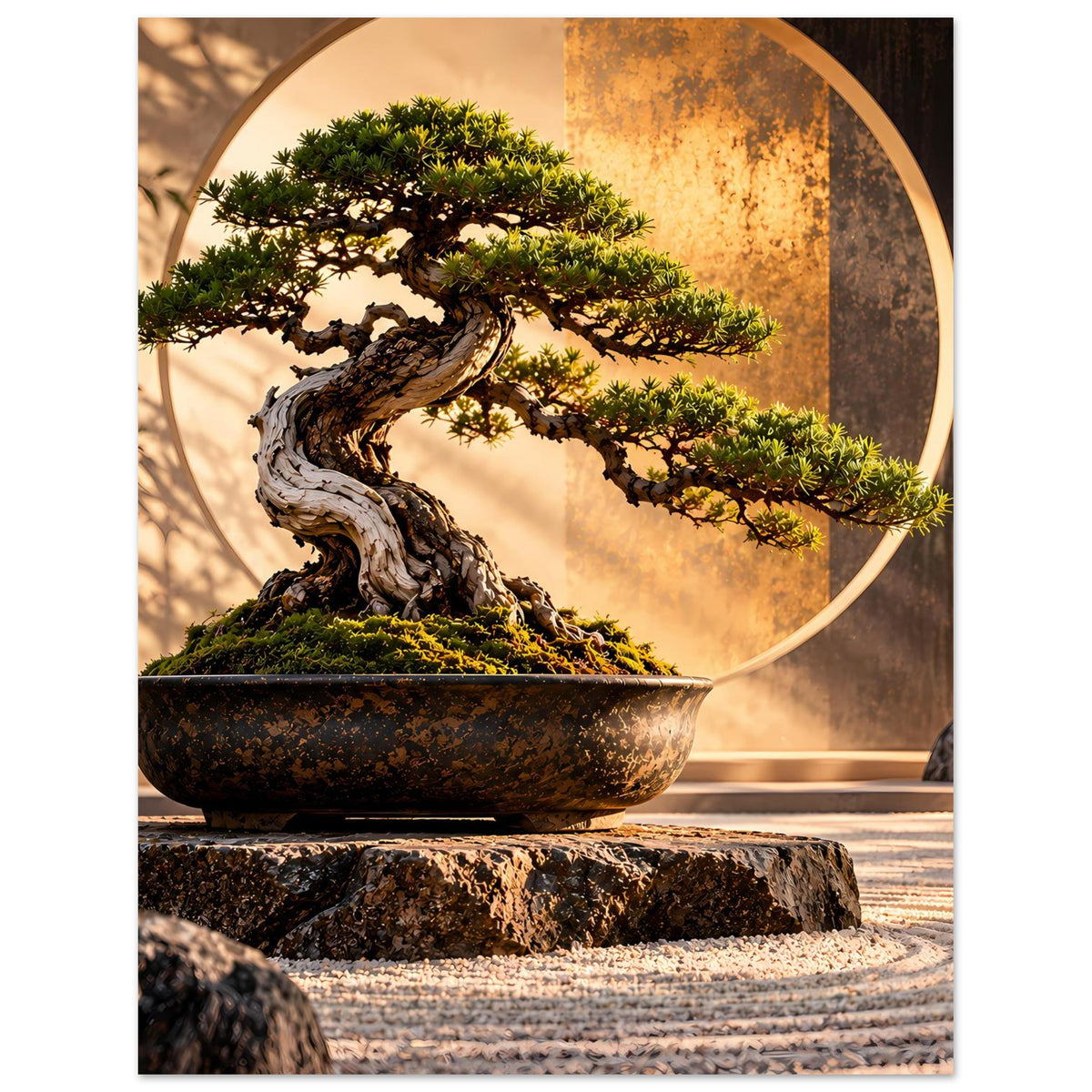 Poster im Hochformat mit Bonsai in runder Schale und goldenem Hintergrundkreis