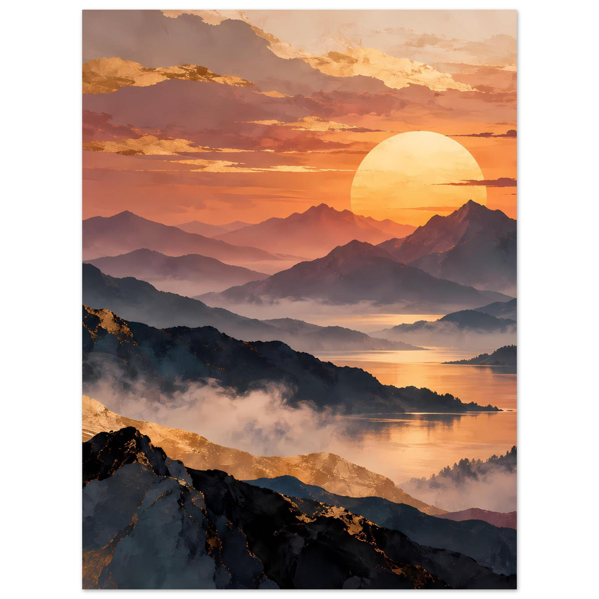 Hochformatiges Poster mit Sonne, Bergsilhouetten, Nebelstreifen und ruhigem Gewässer