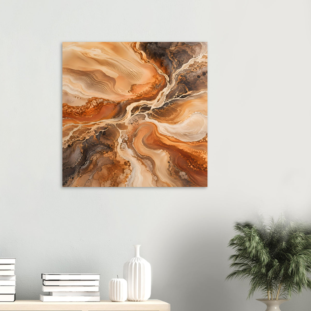 Quadratisches Abstrakt-Poster: braun-beige Adern und Wellen, gerahmt
