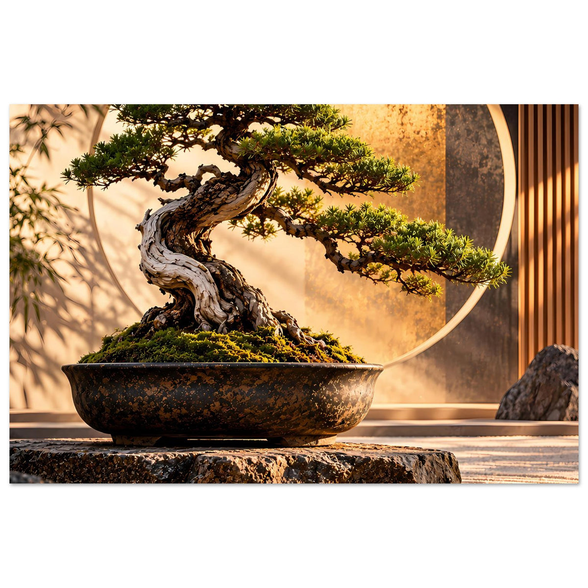 Poster mit gedrehtem Bonsai-Stamm in dunkler Schale, Moos und Steinrahmen im Motiv