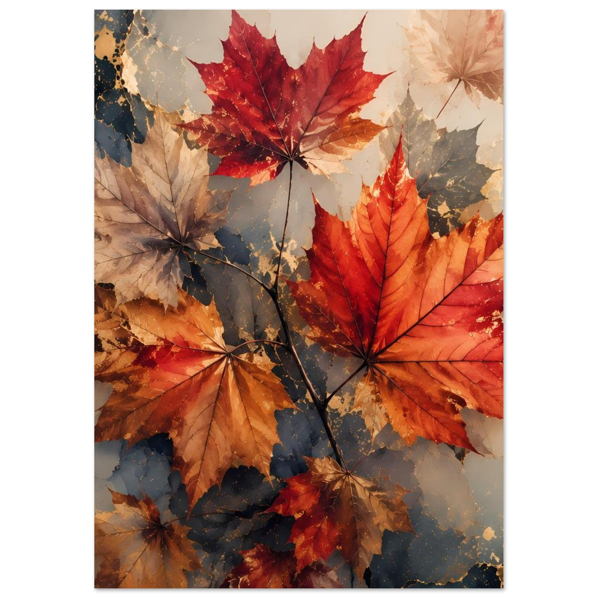 Poster mit rotem Ahornlaub und warmen Herbstfarben in abstrakter Anordnung