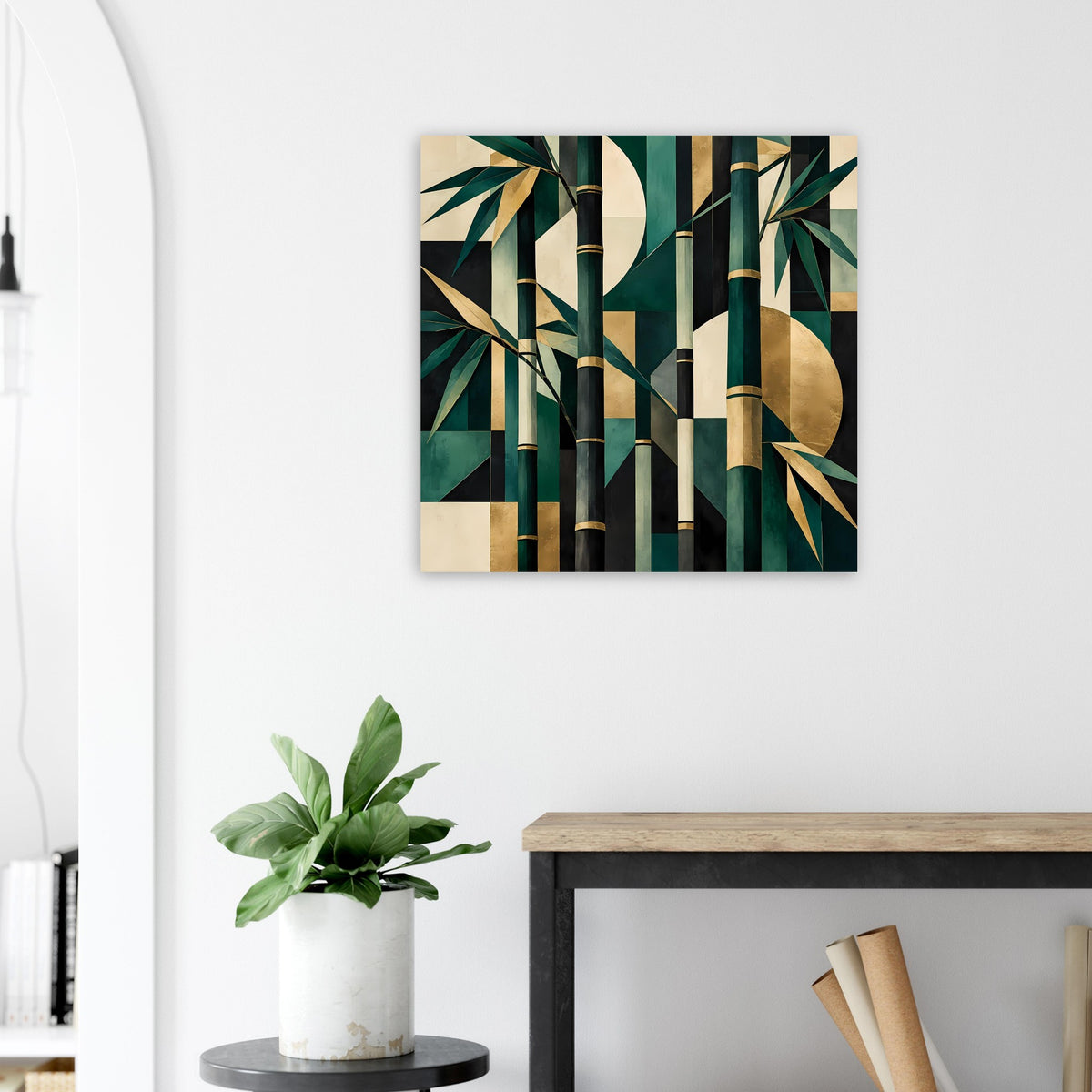 Quadratisches Naturposter mit Bambus-Design in Smaragdgrün und goldenen Elementen