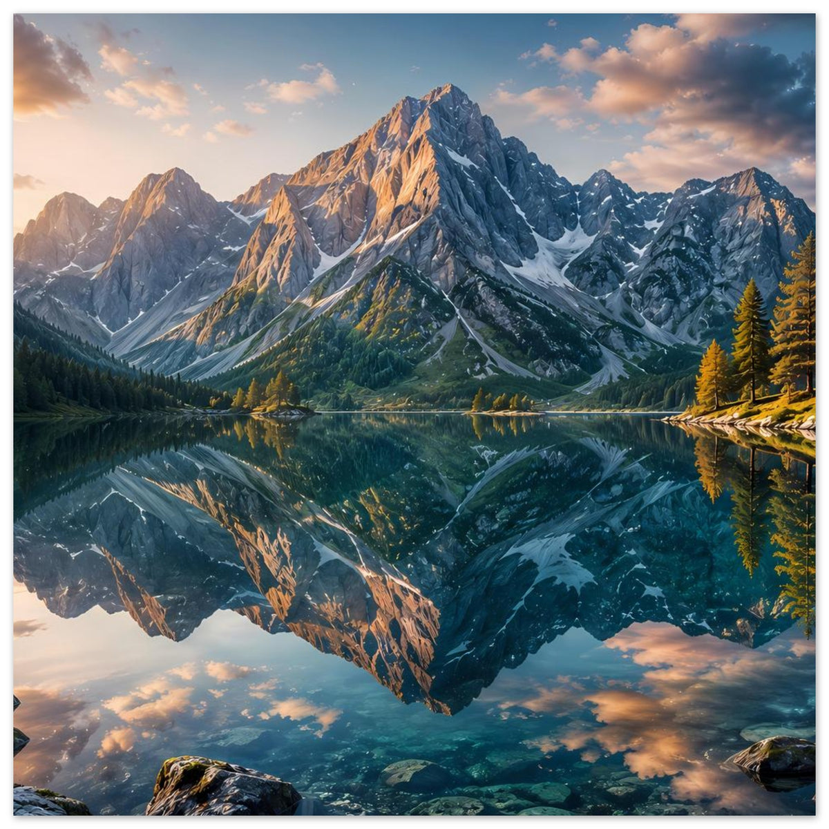 Posterdruck: Bergkette und reflektierter See, Tannenwald entlang des Ufers