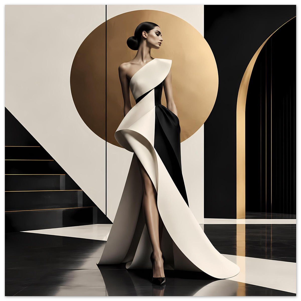 Wandposter Hochformat mit Fashion-Motiv: seitliche Ansicht, weißes Tuch, schwarzer Schal, Kreis.