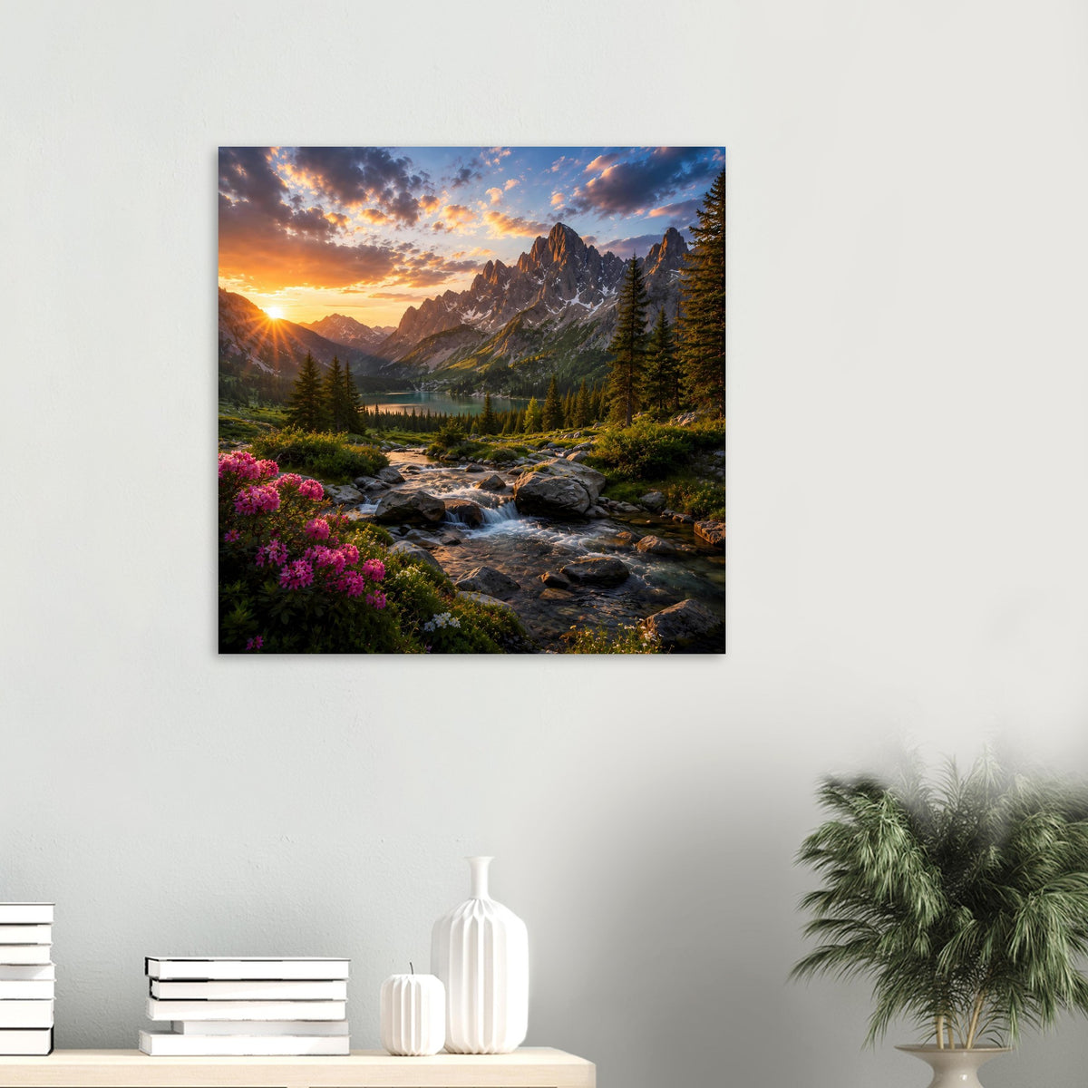 Poster mit Sonnenuntergang über Bergen, Fluss und Fichtenwald im quadratischen schwarzen Rahmen