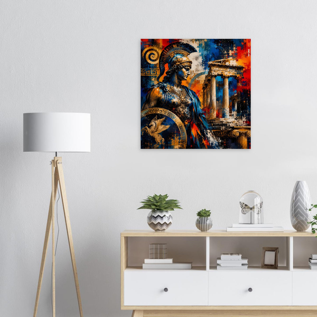 Poster mit blau-goldenem Krieger und Säulenmotiv im rot-blauen Sprühfarben-Look
