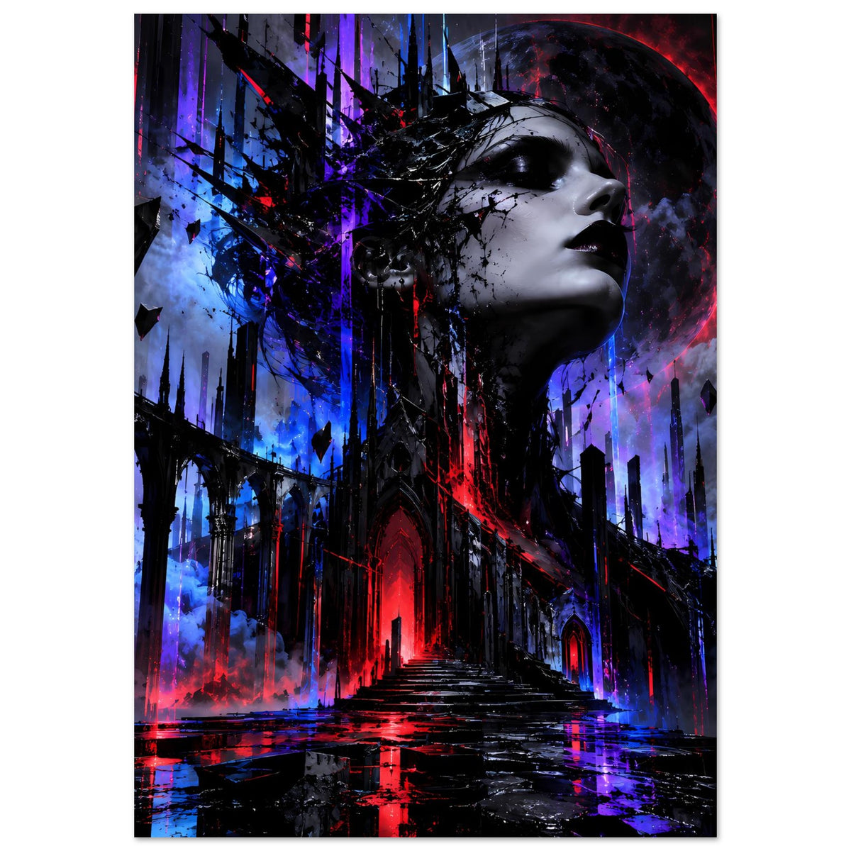 Gothic-Poster (hochkant): Frauenprofil, Neonblau und Neonrot über düsterem Schlosshof