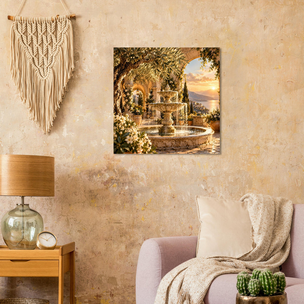Mediterranes Sonnenuntergang-Brunnenposter: goldene Brunnenlandschaft mit Blütenkranz
