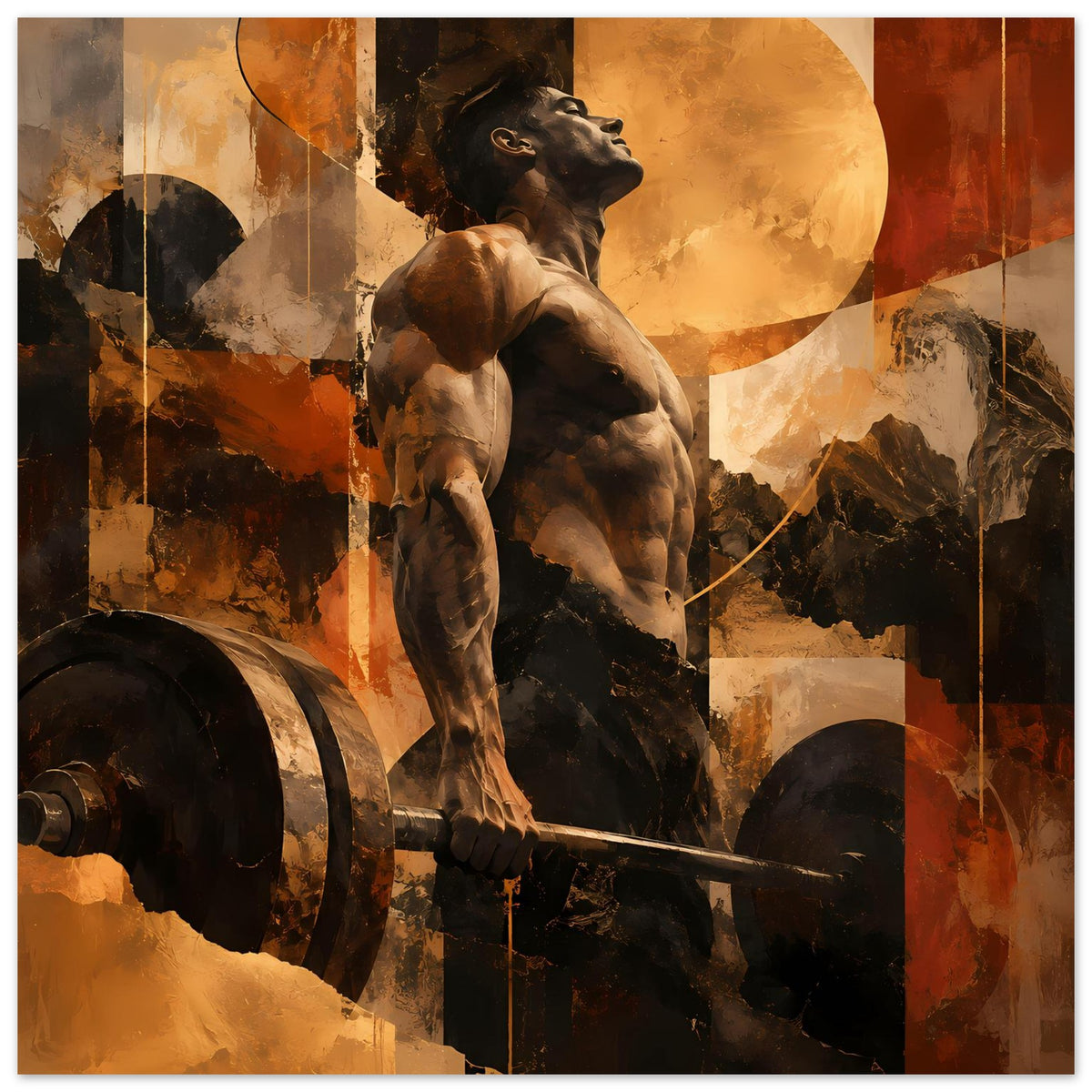 Gerahmtes Fitness-Artposter mit muskulösem Hund und Hantelstange in warmen Erdtönen