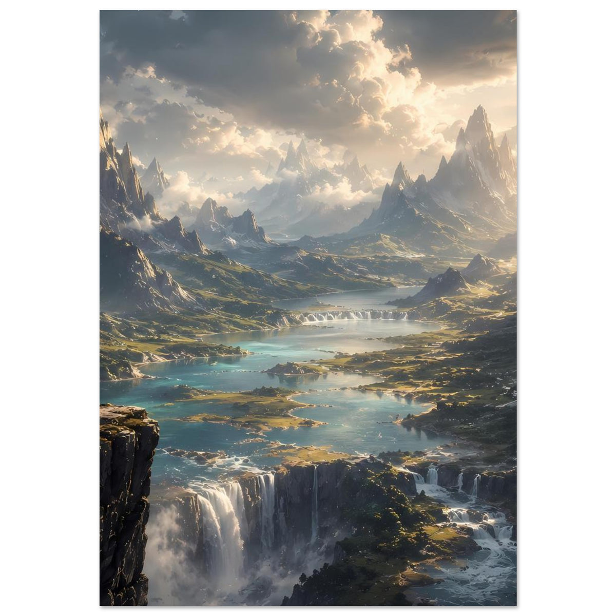 Landschaftsposter mit Bergtal, Fluss und Wasserfällen, Person am Felsen.