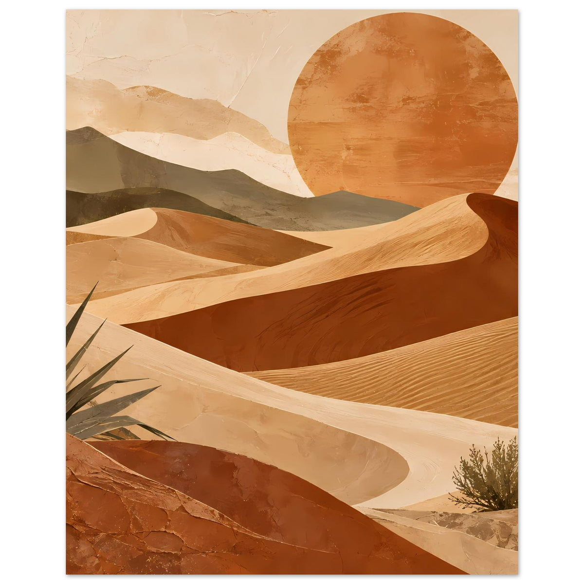 Desert-Sunset-Poster mit runder Sonne über Sanddünen, Wellenmuster und kleinen Sträuchern