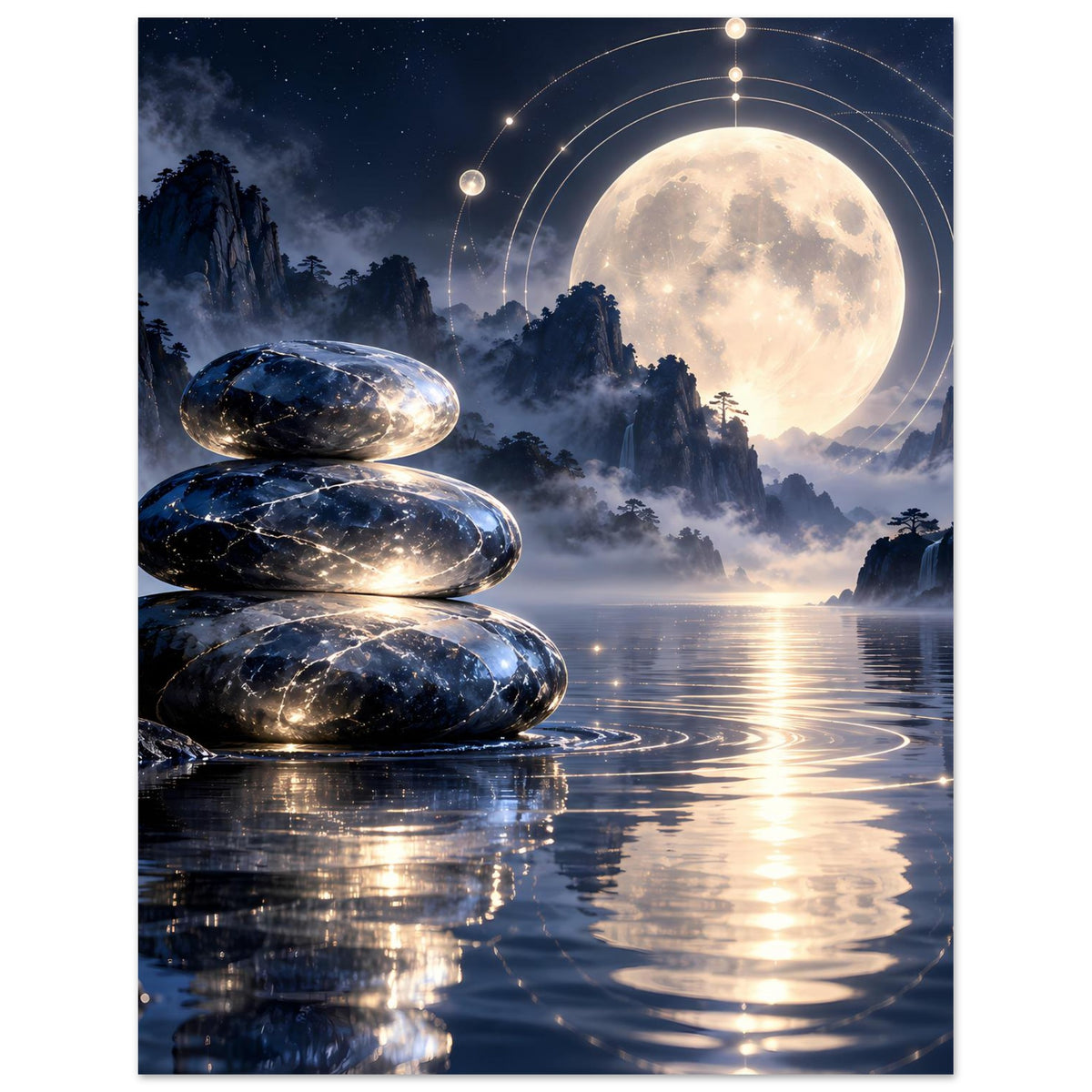 Poster mit gestapelten Zen-Steinen, Vollmond im Nebel und reflektierendem Wasser