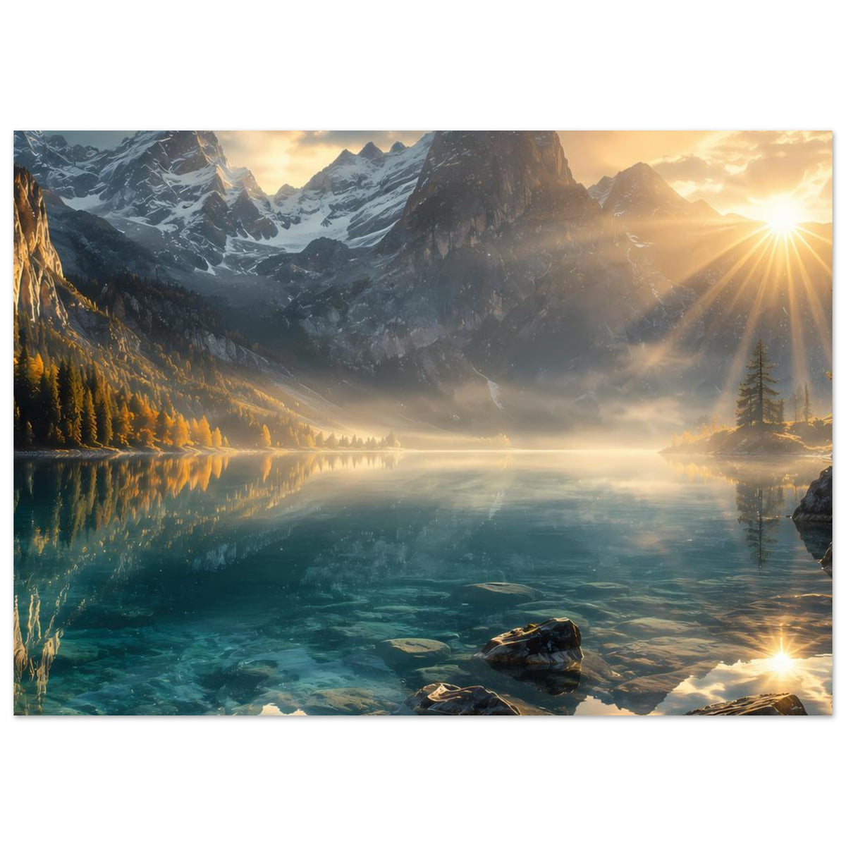 Landschaftsposter mit Alpenpanorama, türkisblauem Wasser, Sonnenaufgangsstrahlen und Steinen im Vordergrund