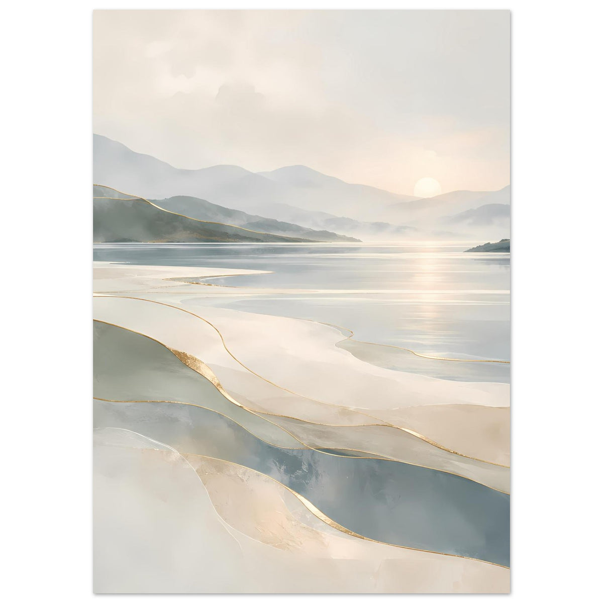 Poster mit Küstenlandschaft, abstrakte Wellen in Beige, Grau und goldfarbenen Linien