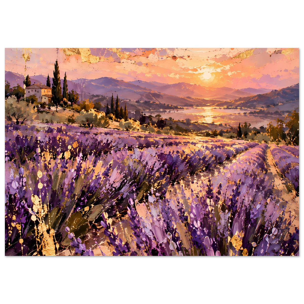 Landschaftsposter mit Lavendelfeld, violettem Blütenmeer und goldener Sonne über Hügeln