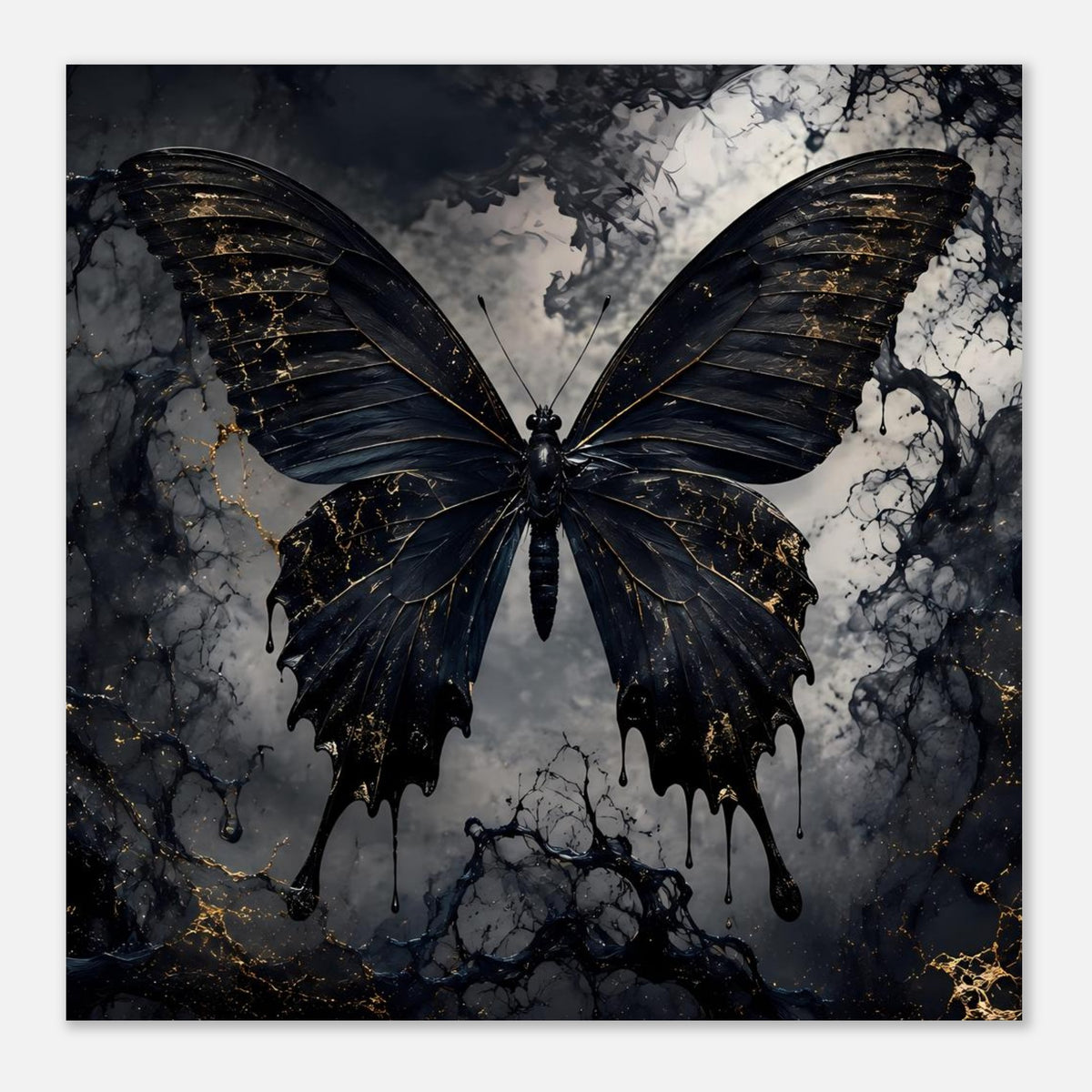Schwarzes Schmetterlings-Poster, zentrierter Schmetterling mit goldenen Adern und Tropfen