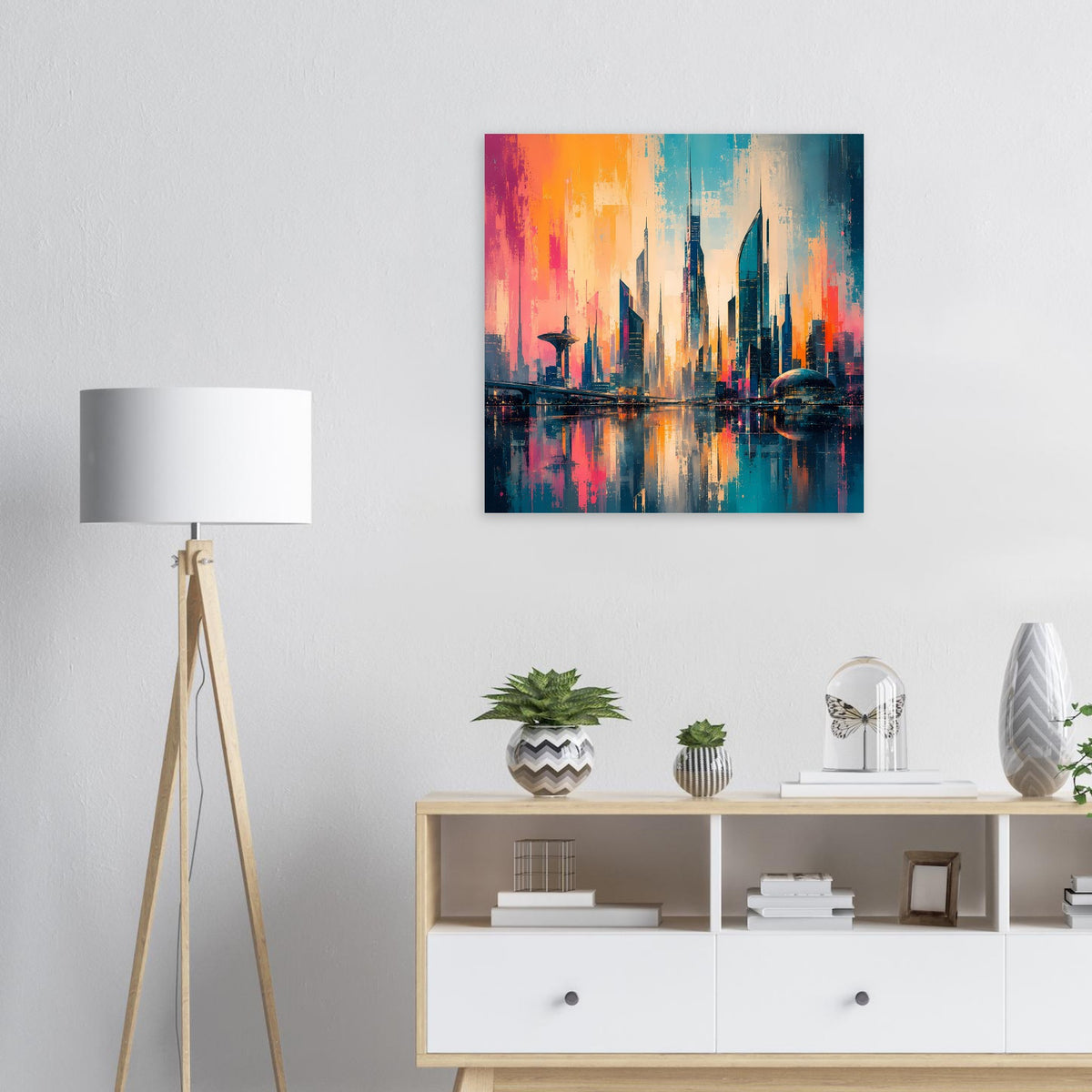 Quadratisches Cityscape-Poster mit Skyline, Spiegelungen im Wasser und Orange-Blau-Farbverlauf