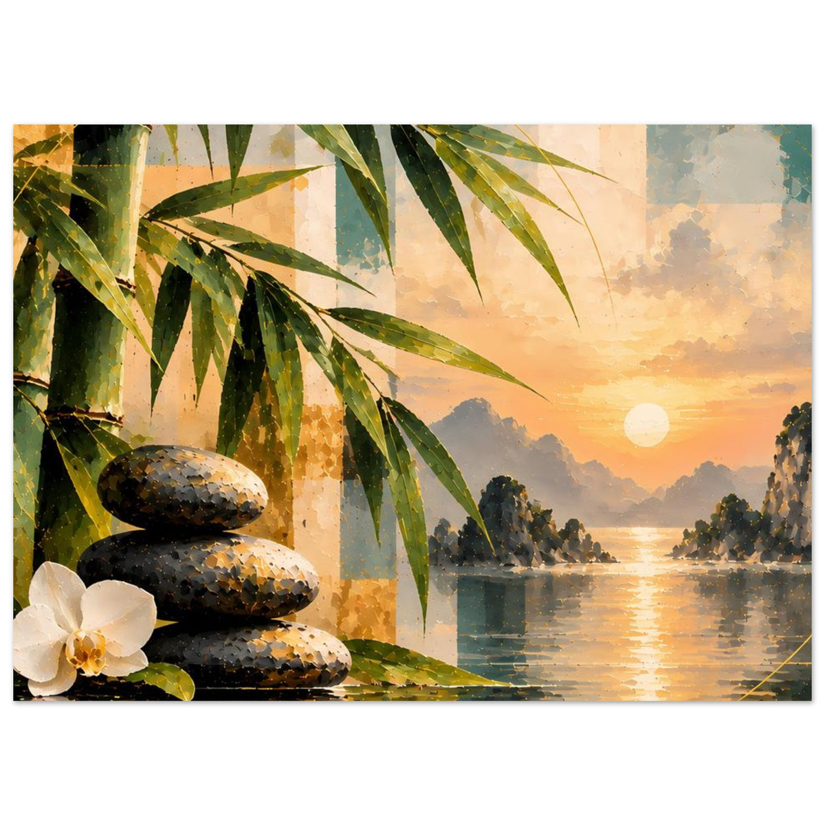 Zen-Sonnenuntergang-Poster mit Bambus, Flussreflexen, dunklen Meditationssteinen und Orchidee