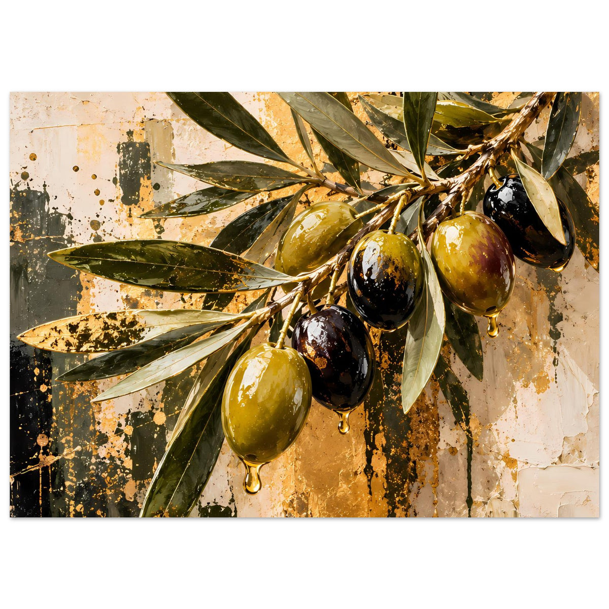 Olivenzweig-Poster mit Oliven und Blättern, goldene Tropfen und schwarze Spritzer