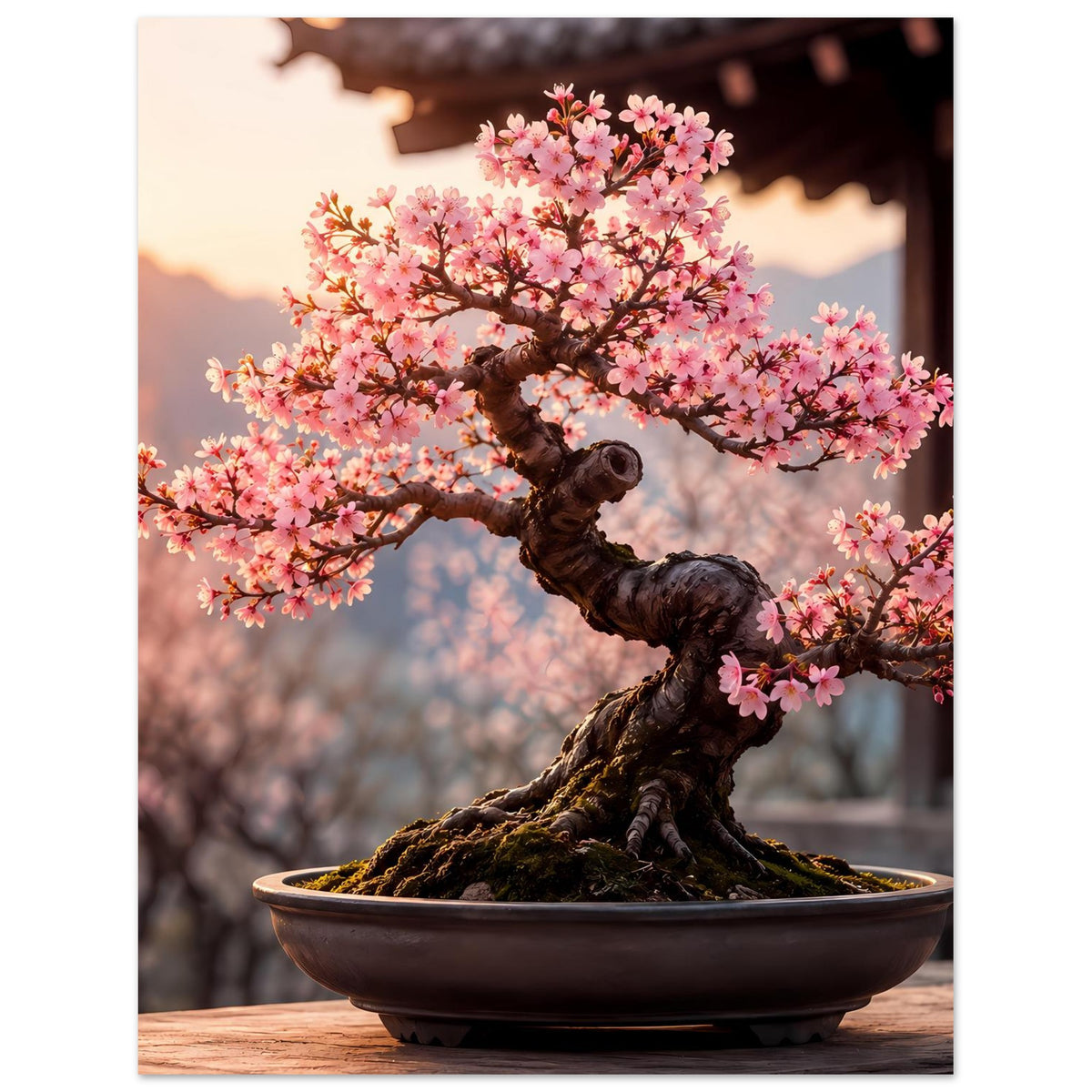 Bonsai-Poster: rosa Blüten über dunkler Bonsai-Schale, gebogener Stamm im Fokus