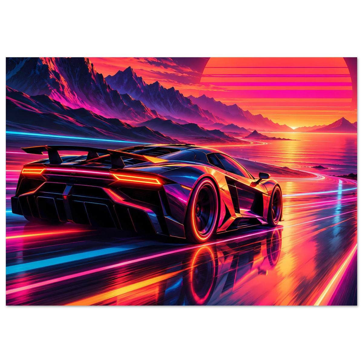 Supercar-Druck im Neon-Sunset-Stil: Sportwagenprofil, kontrastreiche Lila- und Blaulinien