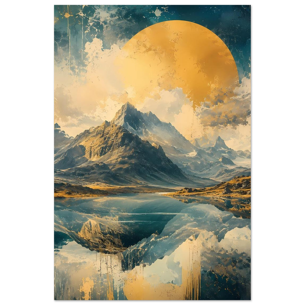 Wandposter mit Bergtal und Reflexion, blau-goldene Akzente und goldener Sonnenscheibe