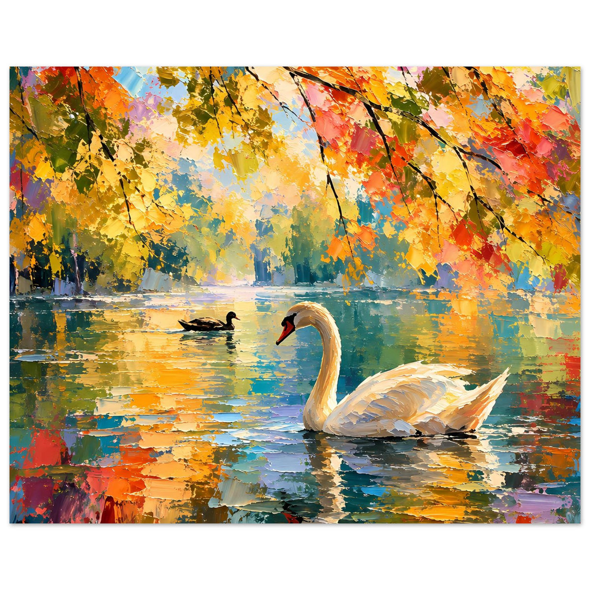 Herbstposter: weißer Schwan auf dem Wasser, kräftige Herbstfarben und Spiegelungen