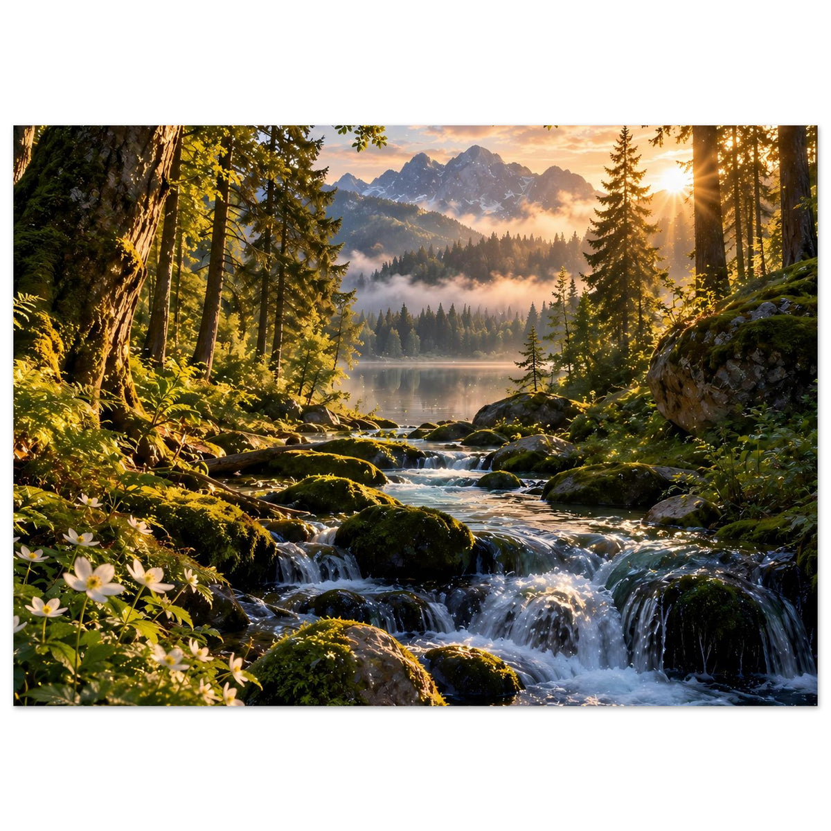 Wasserfall-Waldposter mit Stromschnellen, moosigen Steinen, Waldweg mit Blüten und Sonnenstrahlen.