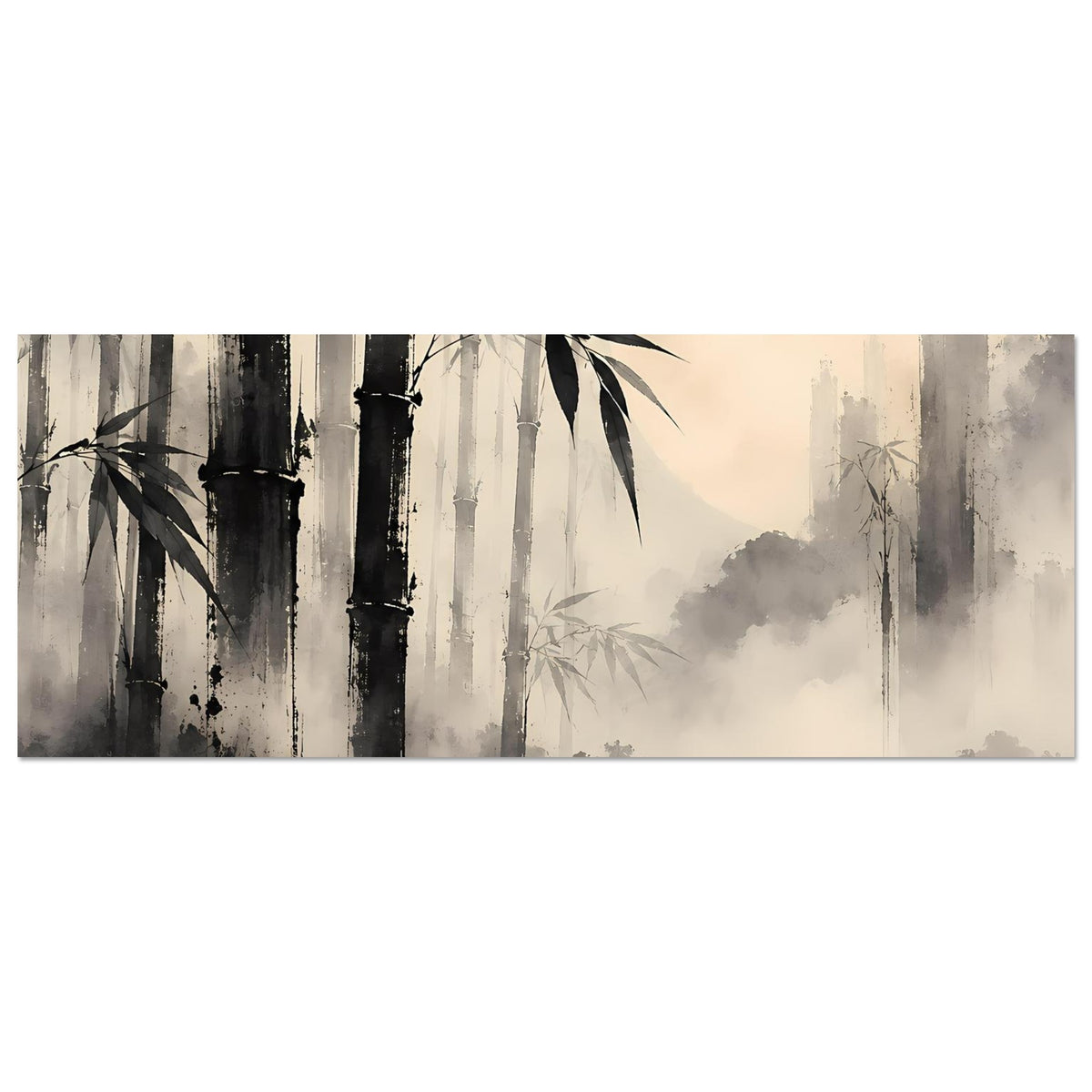 Horizontales Bambuswald-Poster in Schwarz-Weiß mit Nebel und zarten Bambuslinien