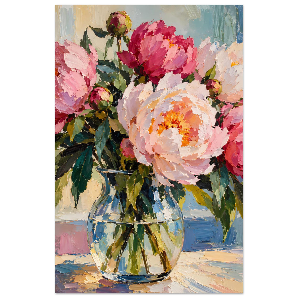 Blumenposter mit Pfingstrosen im bunten Glasgefäß, Ölgemälde-Stil, Hochformat