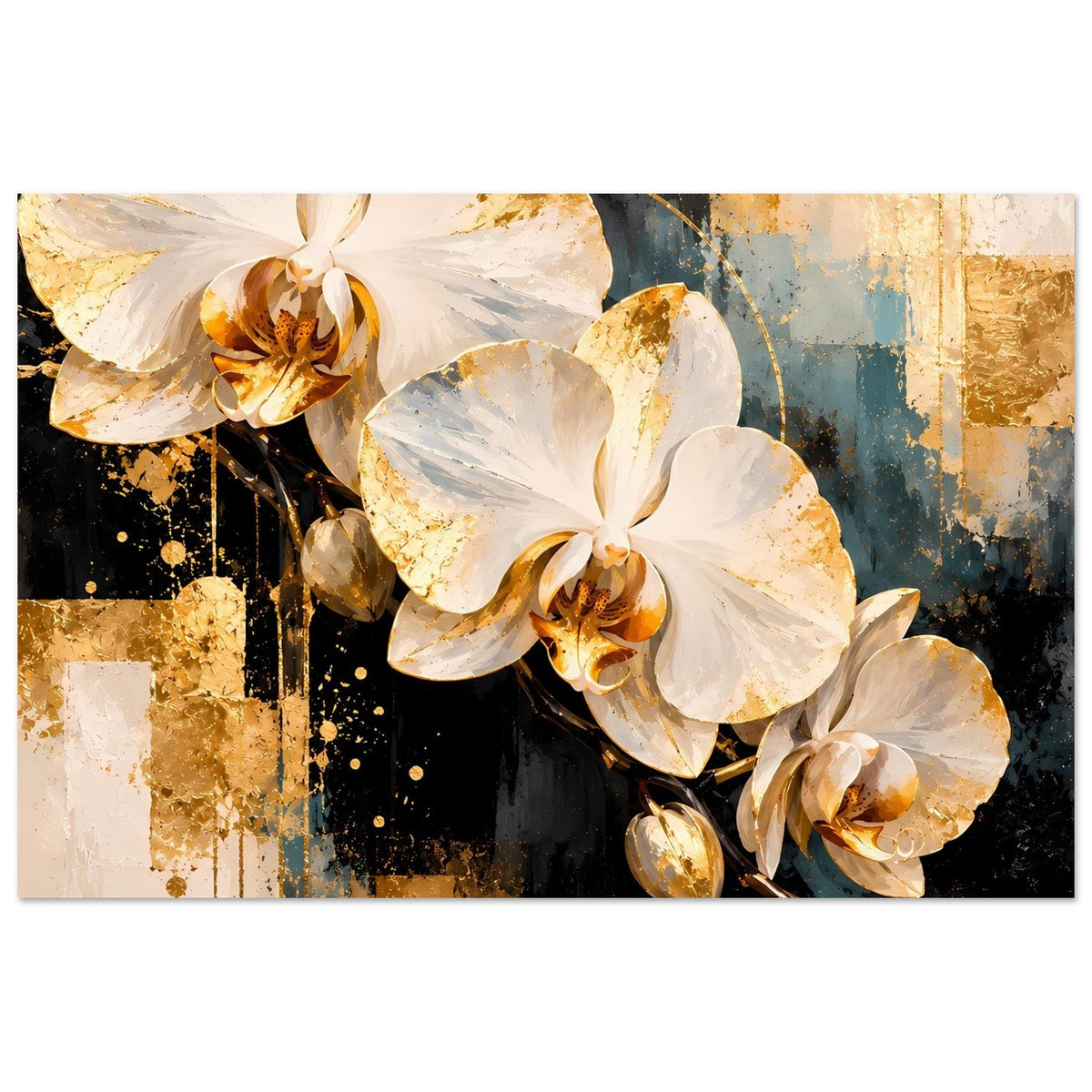 Poster mit weißen Orchideen und goldenen Akzenten auf abstraktem Farbhintergrund