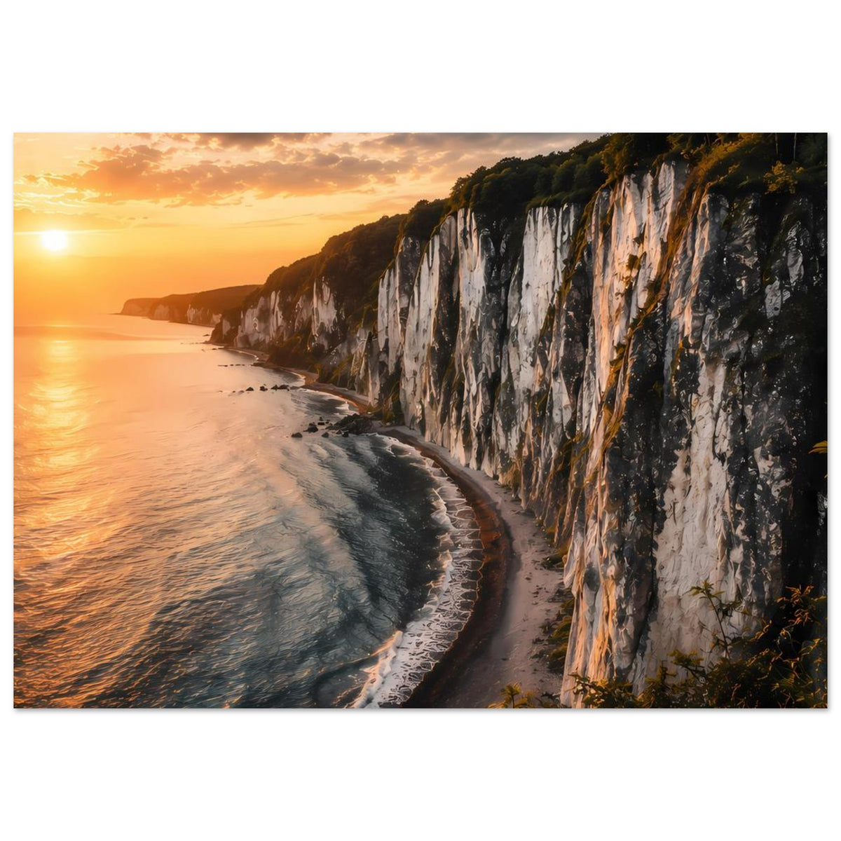 Poster: Steilküste mit Uferweg, Schaumkanten am Strand und Abendsonne