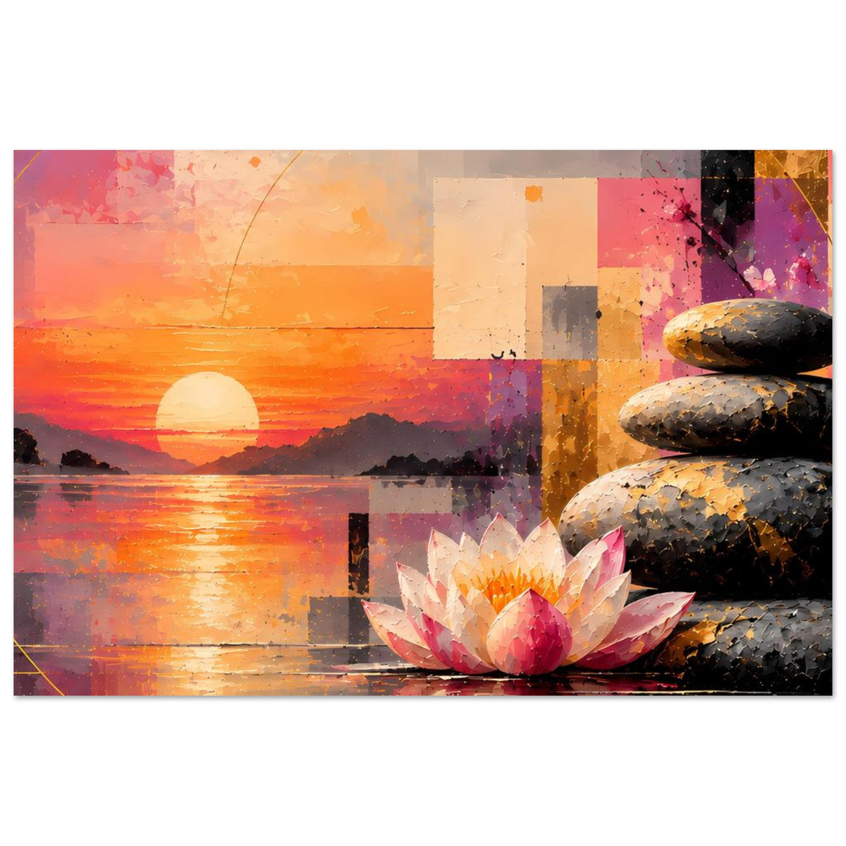 Zen-Poster im Querformat mit Lotusblüte, Steinstapel rechts und Sonnenuntergang über ruhigem Wasser