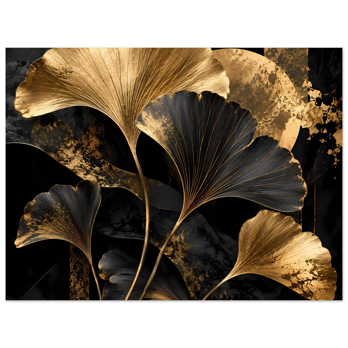 Botanisches Poster im Hochformat mit goldenen Ginkgo-Blättern und dunklen Blättern auf mattem Papier