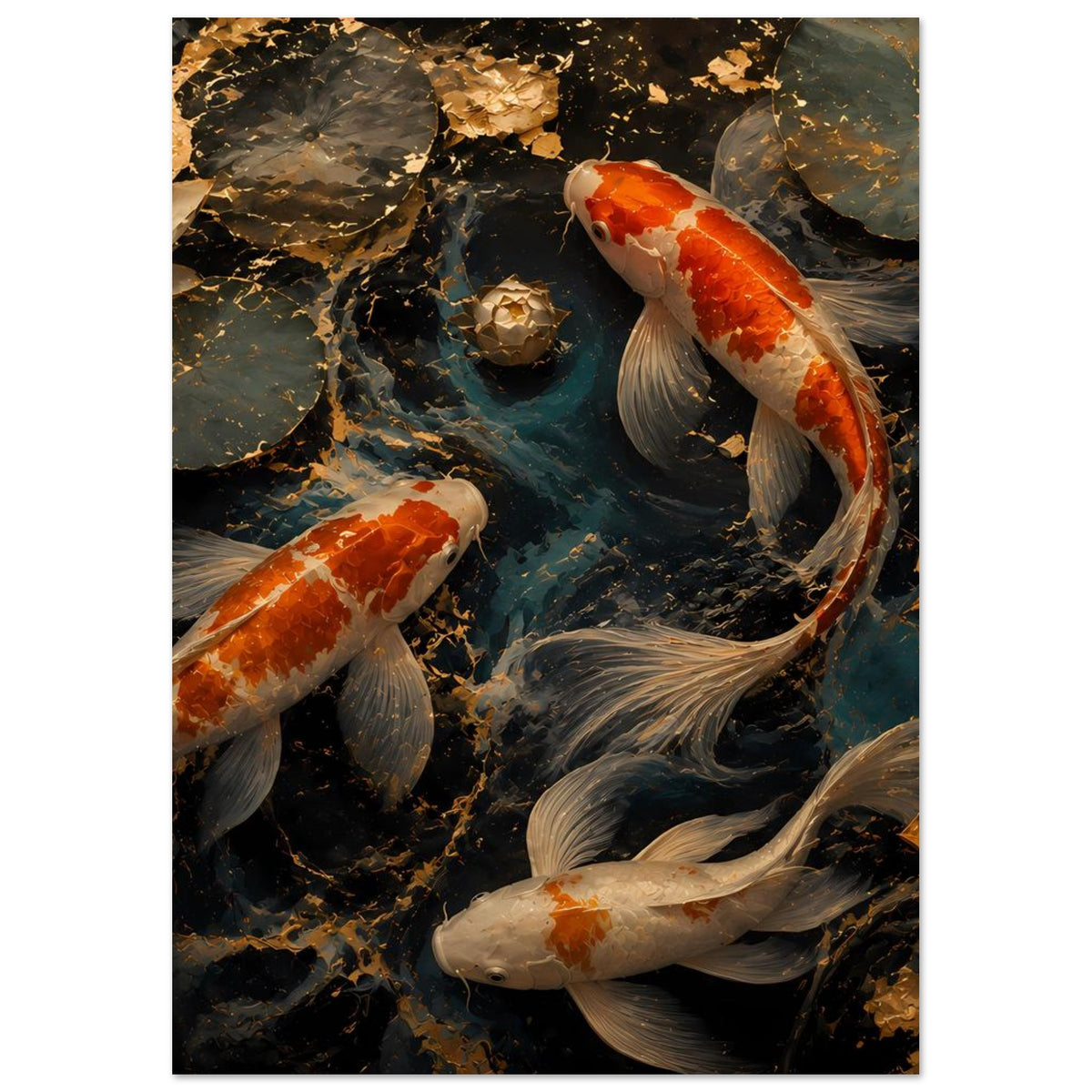 Kunstposter mit Koi-Fischen im Teich, orange-weiße Karpfen und graue Schwänze im Vordergrund