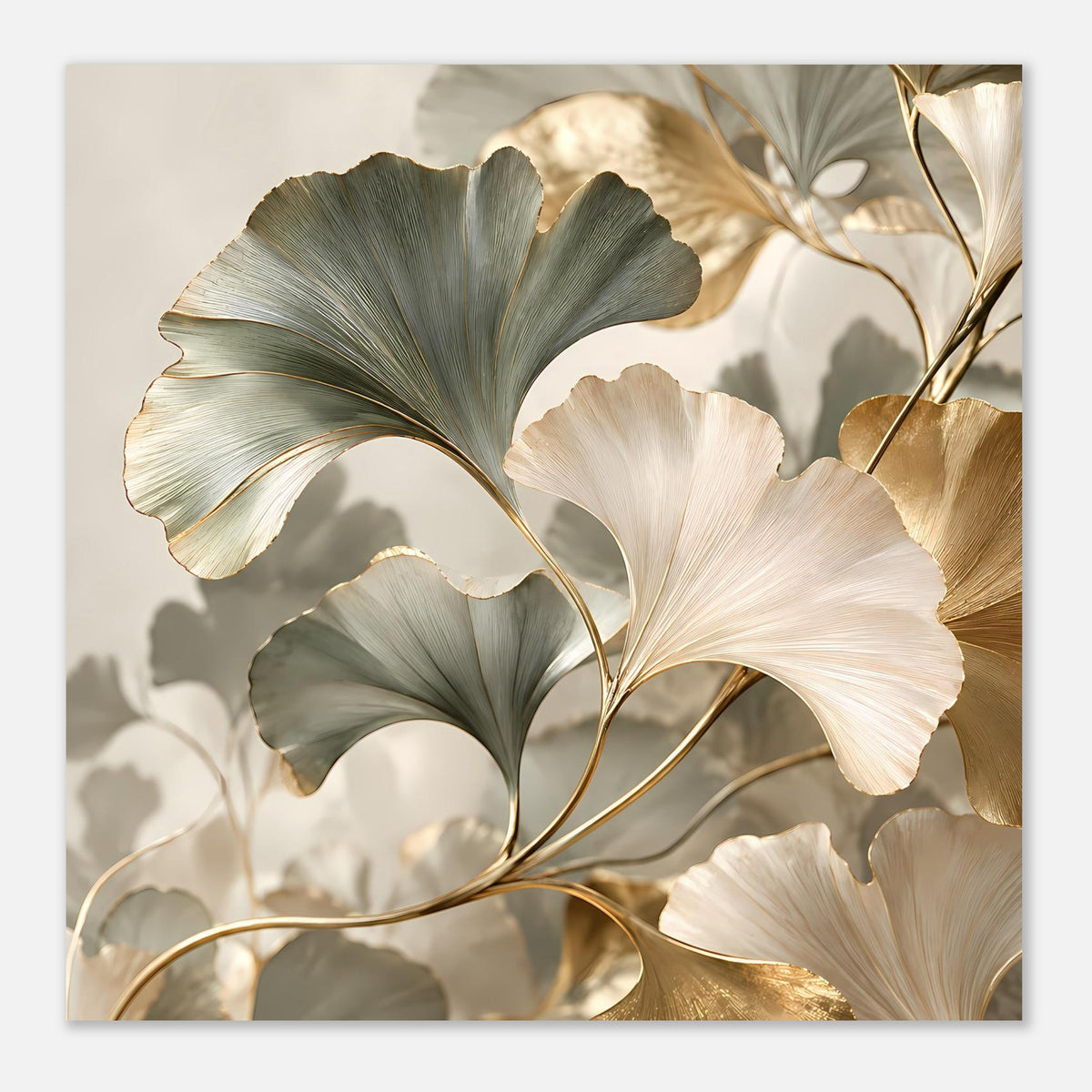 Nahaufnahme Poster: Ginkgo-Blätter in Grün und Creme mit goldenen Adern