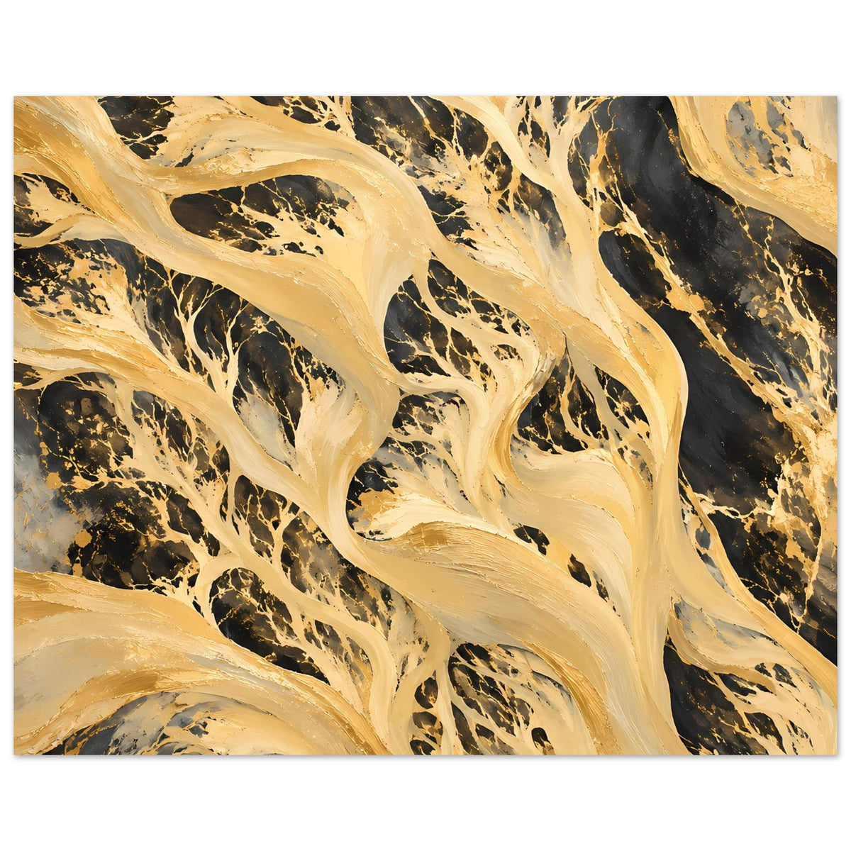 Kunstposter im Querformat mit goldenen Fließbahnen und schwarzen Sprenkeln