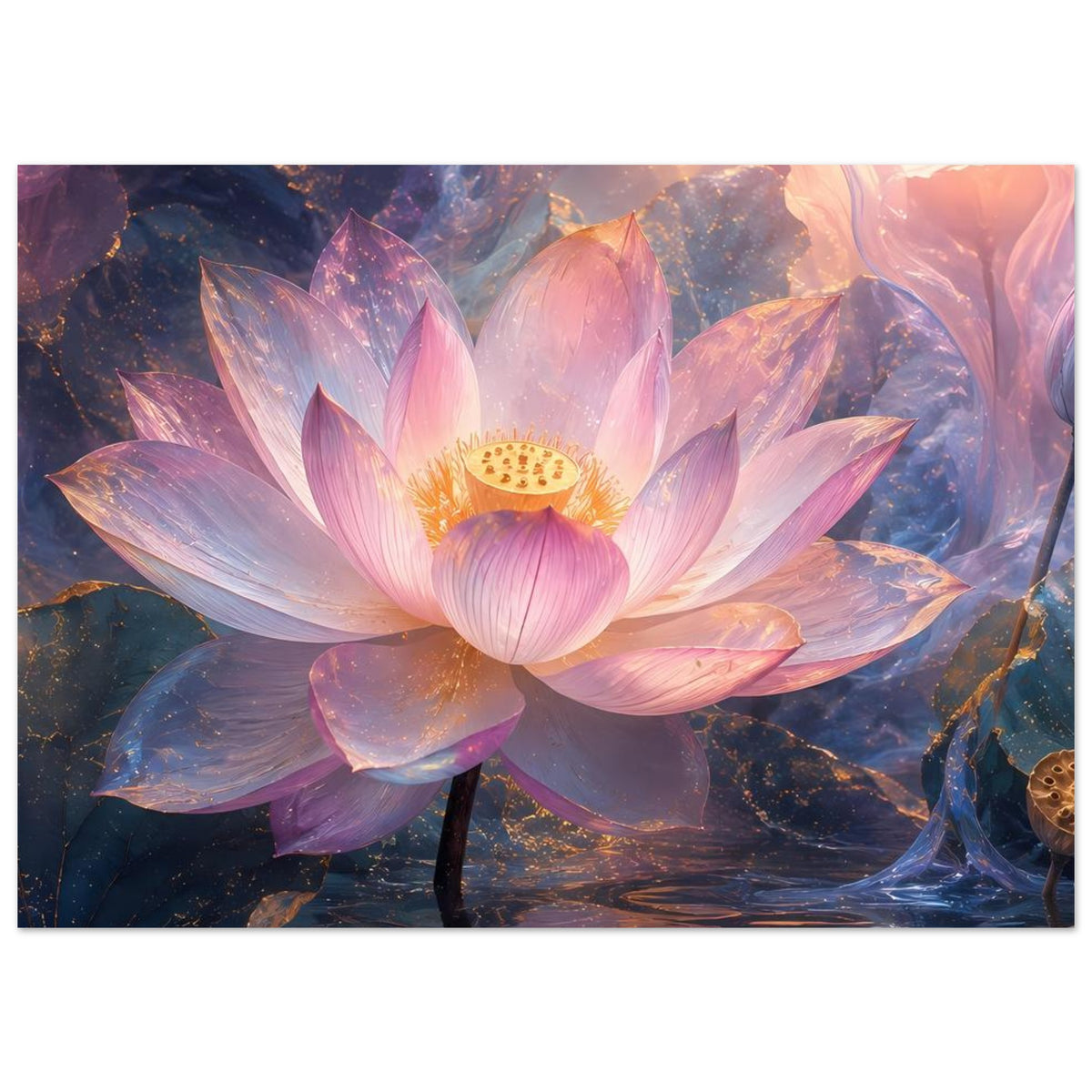 Poster im Querformat: Lotosblüte in Pastellrosa mit goldener Mitte, umgeben von Blütenblättern