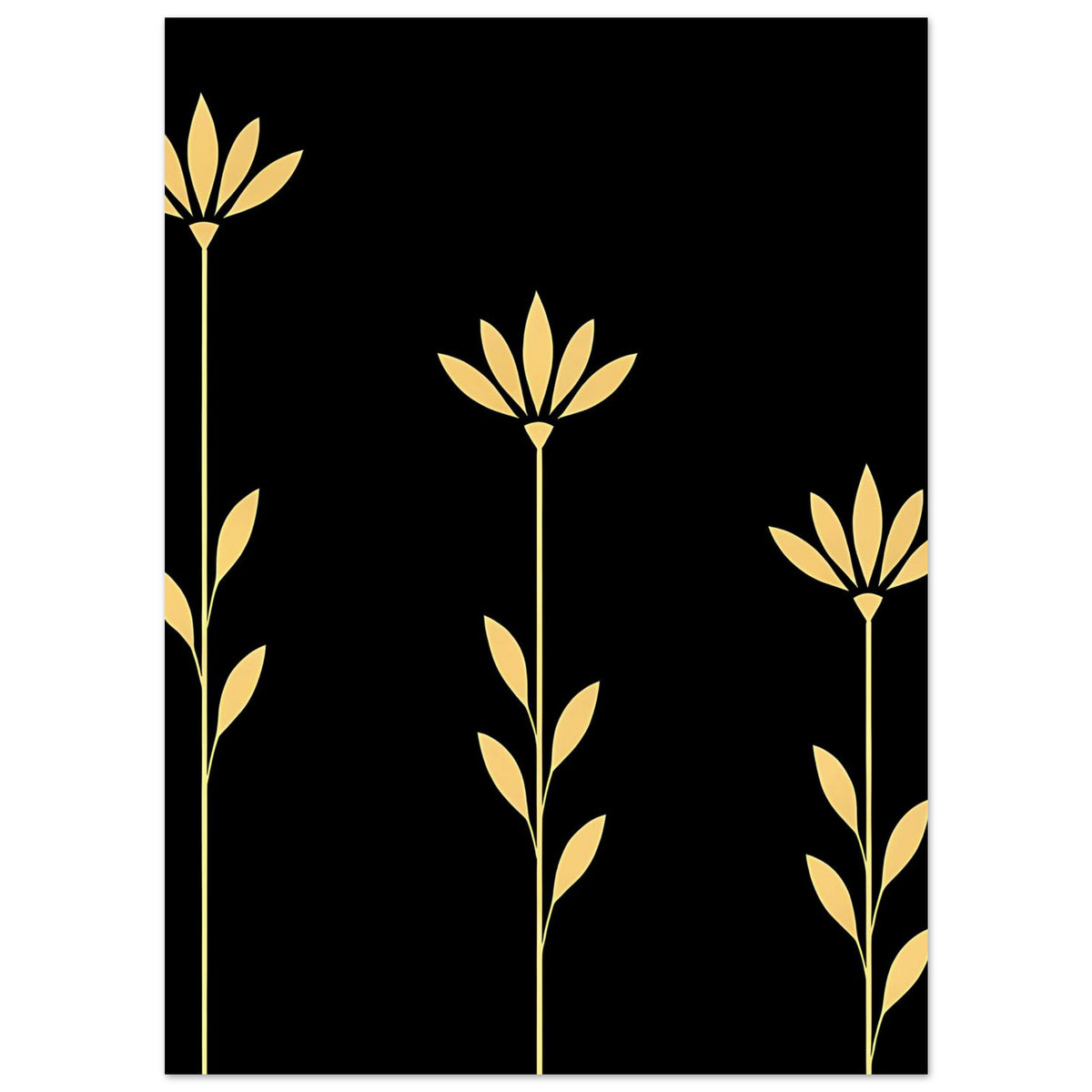 Botanisches Gold-Blumenposter, vertikaler Ausschnitt: drei Stiele mit Blüten auf Schwarz
