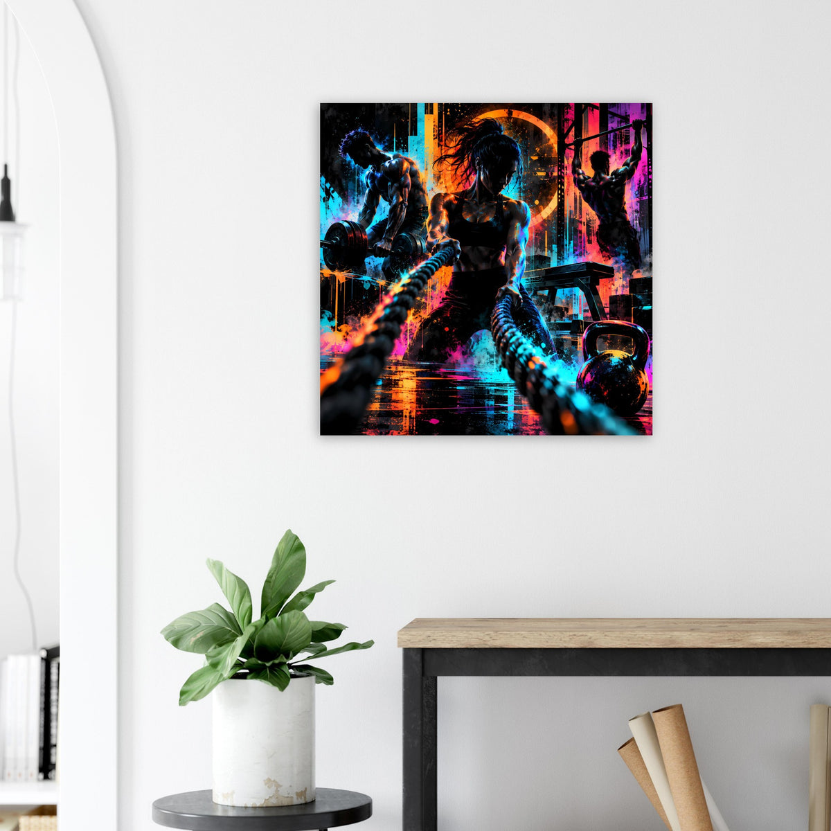 Quadratisches Neon-Fitness-Poster mit leuchtender Sport-Silhouette, kräftige Blau-, Orange- und Pinkflächen