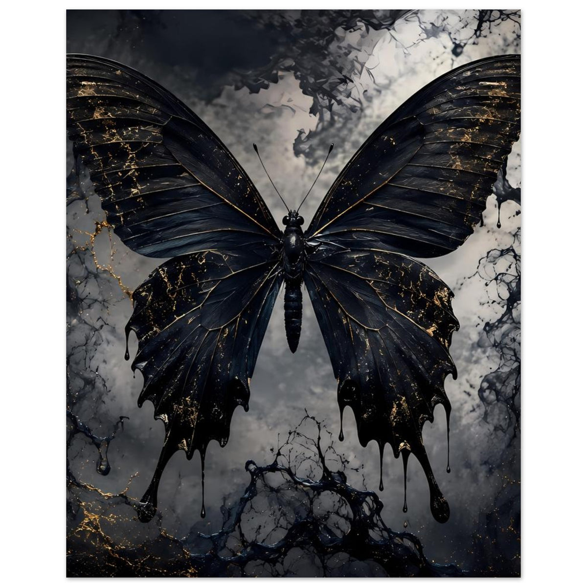 Poster im Hochformat mit schwarzem Schmetterling und goldenen Linien, große Flügel